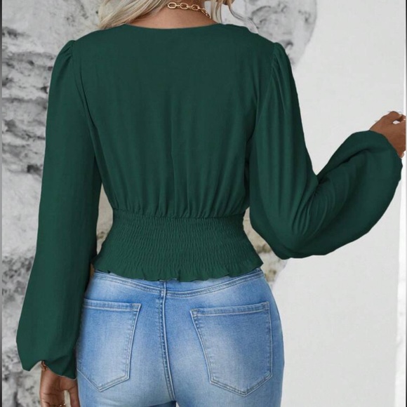 Boho Classic Elegant VNeck Pleated Smocked Long Sleeve Cropped Top Blouse Shirt - Picture 3 of 12